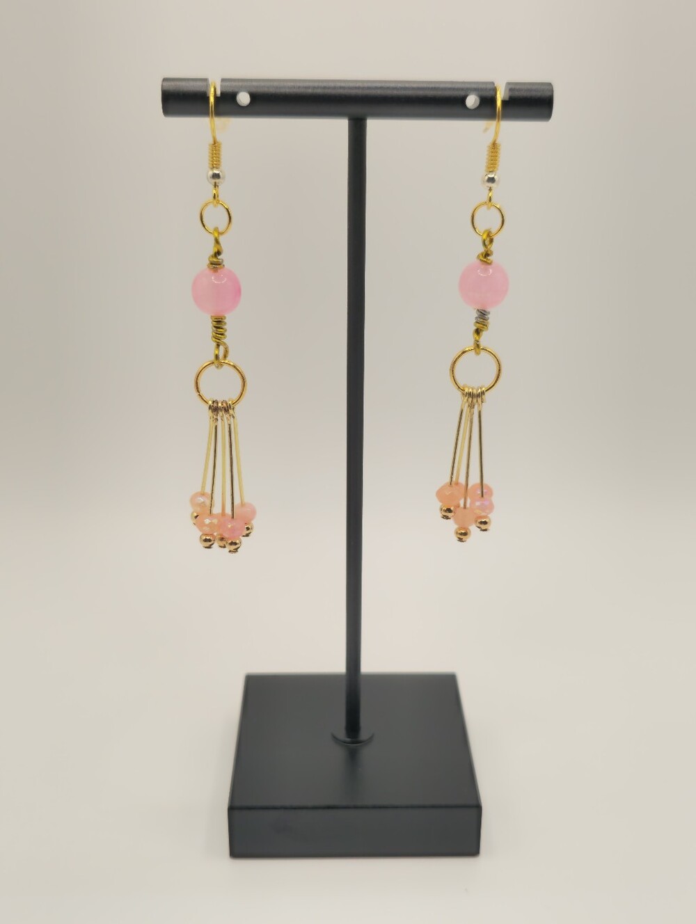 Hand Crafted Gold and Pink Bead Tassel Drop Earrings